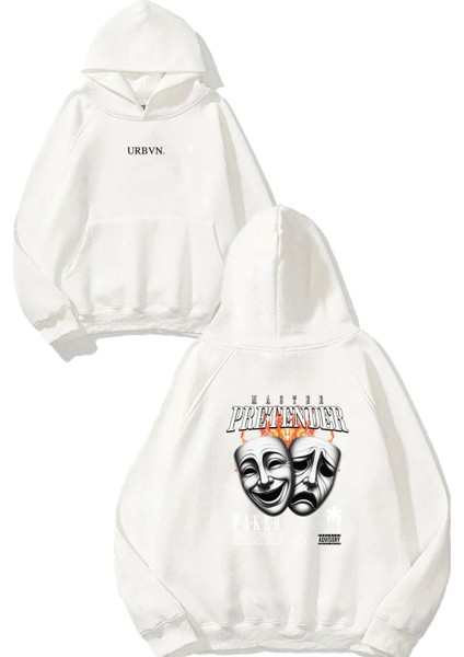 Pretender Tasarım Baskılı Oversize Beyaz Kapüşonlu Sweatshirt