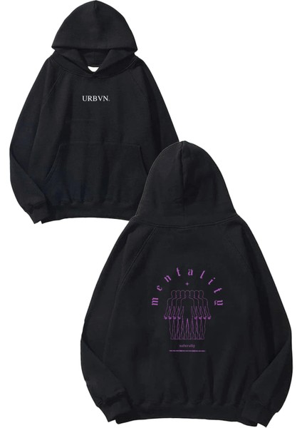 Human Mentality Tasarım Baskılı Oversize Siyah Kapüşonlu Sweatshirt