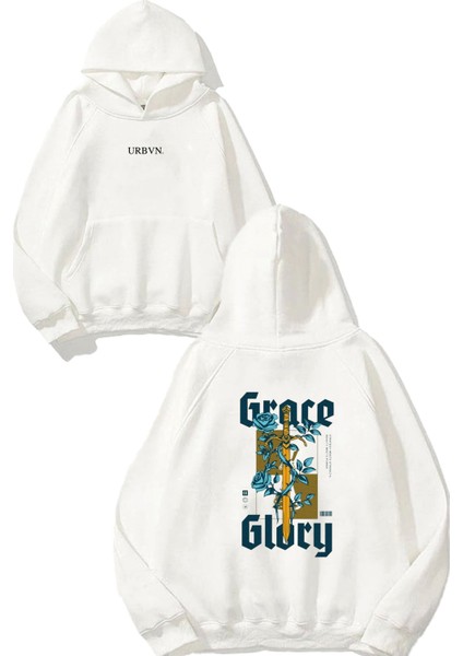 Glory Tasarım Baskılı Oversize Beyaz Kapüşonlu Sweatshirt