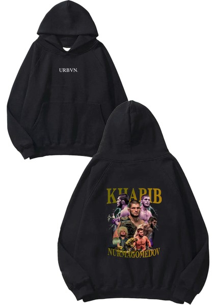 Khabib Tasarım Baskılı Oversize Siyah Kapüşonlu Sweatshirt