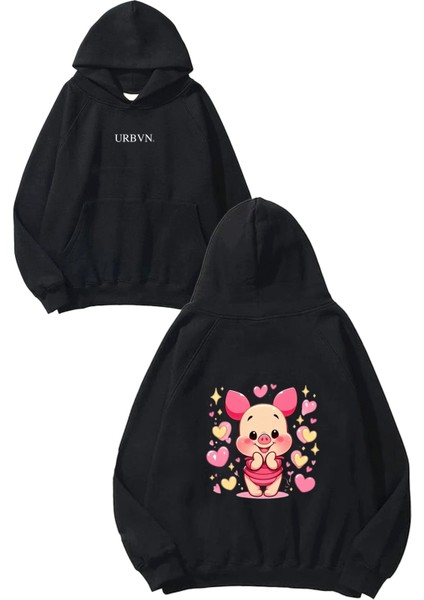 Cute Piglet Tasarım Baskılı Oversize Siyah Kapüşonlu Sweatshirt