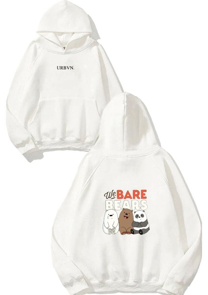 We Bare Bears Tasarım Baskılı Oversize Beyaz Kapüşonlu Sweatshirt