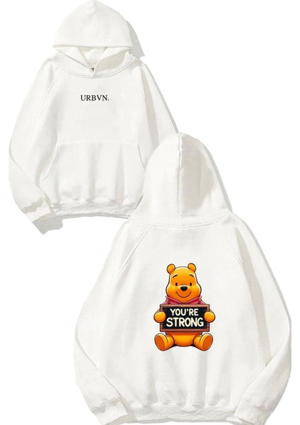 Strong Winnie Tasarım Baskılı Oversize Beyaz Kapüşonlu Sweatshirt