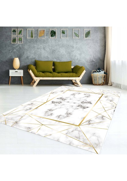 Gold Detay Mermer Desenli , Modern Yıkanabilir, Lastikli Halı Örtüsü