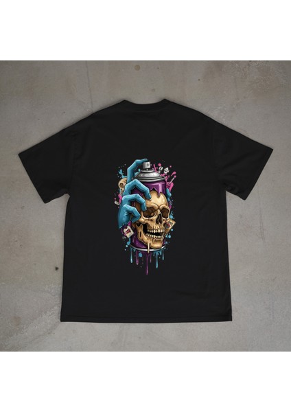 Graffitti Tasarım Baskılı Siyah Oversize T-Shirt