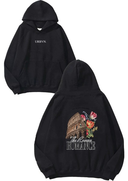 Romance Tasarım Baskılı Oversize Siyah Kapüşonlu Sweatshirt