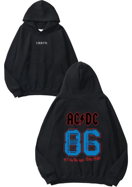 Acdc Tour Tasarım Baskılı Oversize Siyah Kapüşonlu Sweatshirt