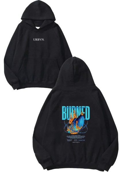 Burned Tasarım Baskılı Oversize Siyah Kapüşonlu Sweatshirt