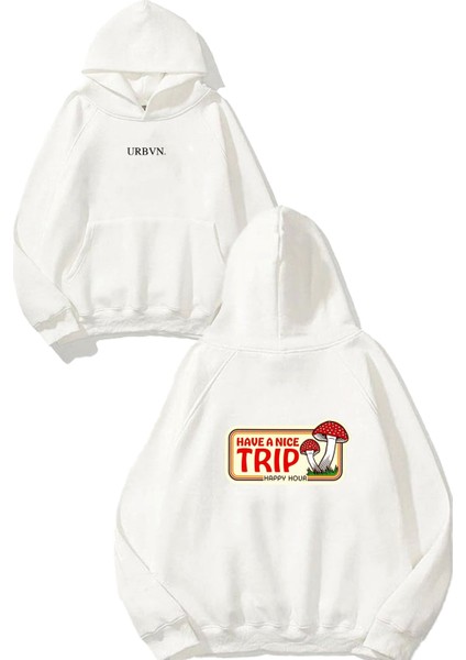 Trip 1 Tasarım Baskılı Oversize Beyaz Kapüşonlu Sweatshirt