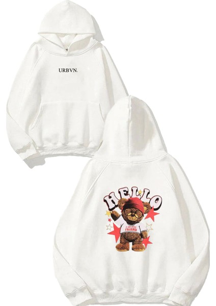 Hello Tasarım Baskılı Oversize Beyaz Kapüşonlu Sweatshirt
