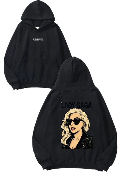 Lady Gaga Tasarım Baskılı Oversize Siyah Kapüşonlu Sweatshirt