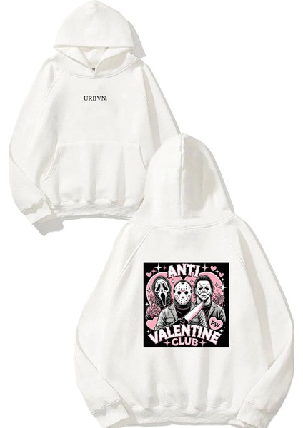 Valentine Tasarım Baskılı Oversize Beyaz Kapüşonlu Sweatshirt