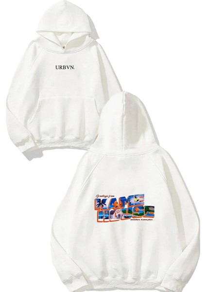 Kame House Tasarım Baskılı Oversize Beyaz Kapüşonlu Sweatshirt
