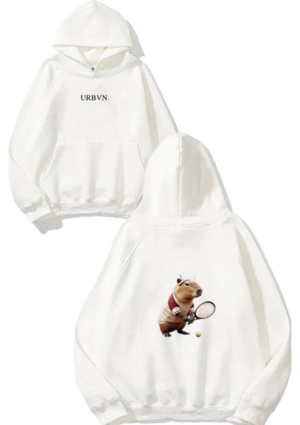Capybara Tennis Tasarım Baskılı Oversize Beyaz Kapüşonlu Sweatshirt