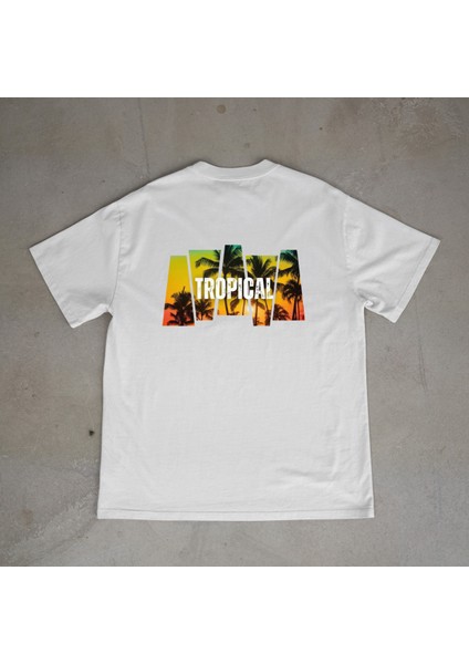 Tropical Tasarım Baskılı Beyaz Oversize T-Shirt