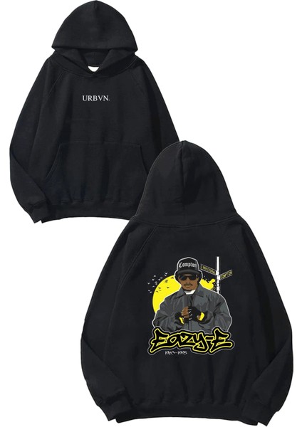 Eazy E Face Tasarım Baskılı Oversize Siyah Kapüşonlu Sweatshirt