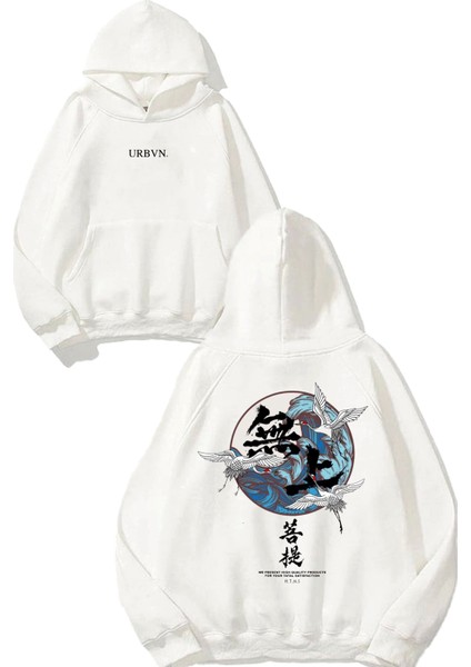 Japanese Tasarım Baskılı Oversize Beyaz Kapüşonlu Sweatshirt