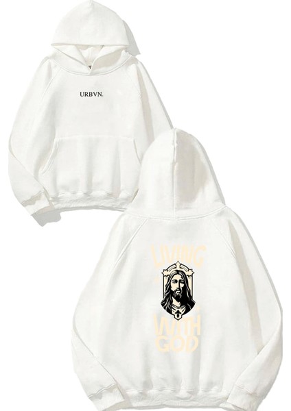 God 1 Tasarım Baskılı Oversize Beyaz Kapüşonlu Sweatshirt