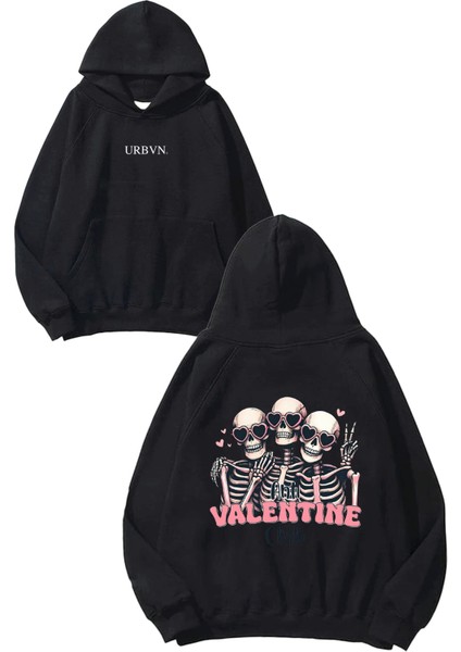 Anti Valentine Club Tasarım Baskılı Oversize Siyah Kapüşonlu Sweatshirt