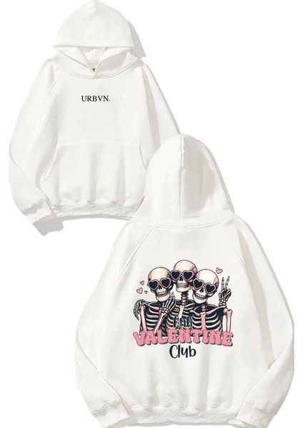 Anti Valentine Club Tasarım Baskılı Oversize Beyaz Kapüşonlu Sweatshirt