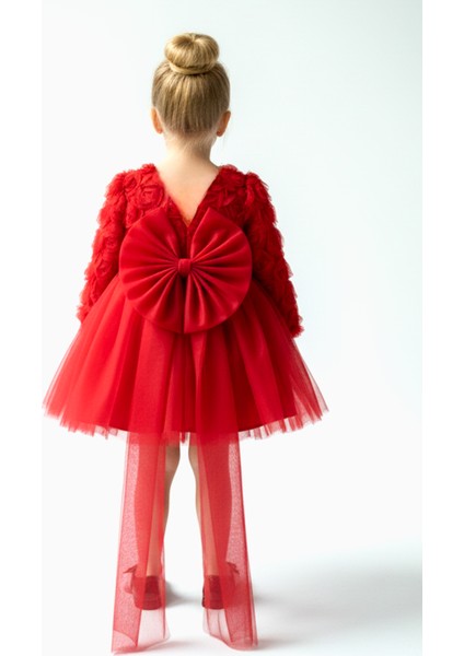 Kız Bebek Kız Çocuk Doğum Günü Parti Düğün Elbise Uzunkollu Güllü Fiyonklu Tüllü Tütü Astarlı