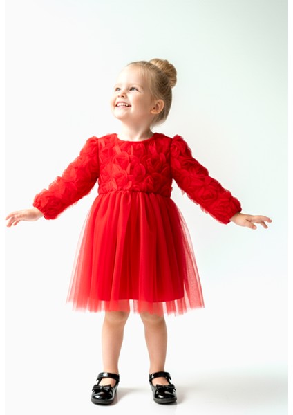 Kız Bebek Kız Çocuk Doğum Günü Parti Düğün Elbise Uzunkollu Güllü Fiyonklu Tüllü Tütü Astarlı modelleri