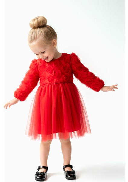 Kız Bebek Kız Çocuk Doğum Günü Parti Düğün Elbise Uzunkollu Güllü Fiyonklu Tüllü Tütü Astarlı fırsatları