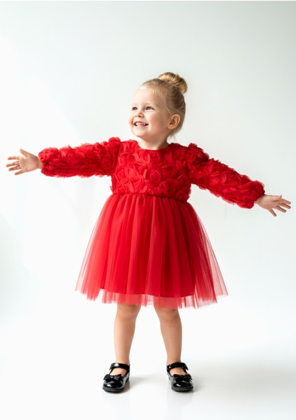 Kız Bebek Kız Çocuk Doğum Günü Parti Düğün Elbise Uzunkollu Güllü Fiyonklu Tüllü Tütü Astarlı indirimleri