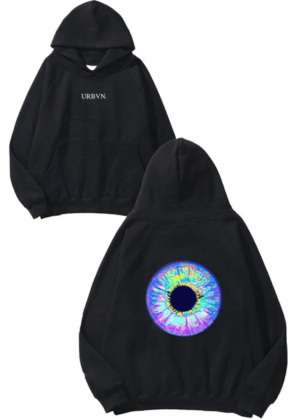 Eye 1 Tasarım Baskılı Oversize Siyah Kapüşonlu Sweatshirt