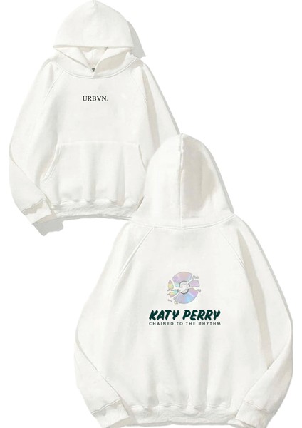 Katy Perry Tasarım Baskılı Oversize Beyaz Kapüşonlu Sweatshirt