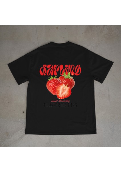 Strawberry Tasarım Baskılı Siyah Oversize T-Shirt