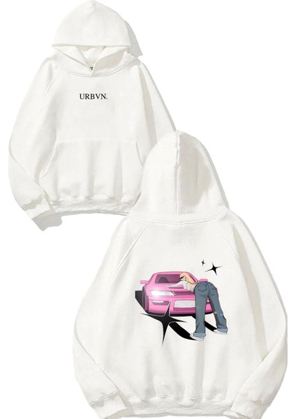 Car Girl Tasarım Baskılı Oversize Beyaz Kapüşonlu Sweatshirt