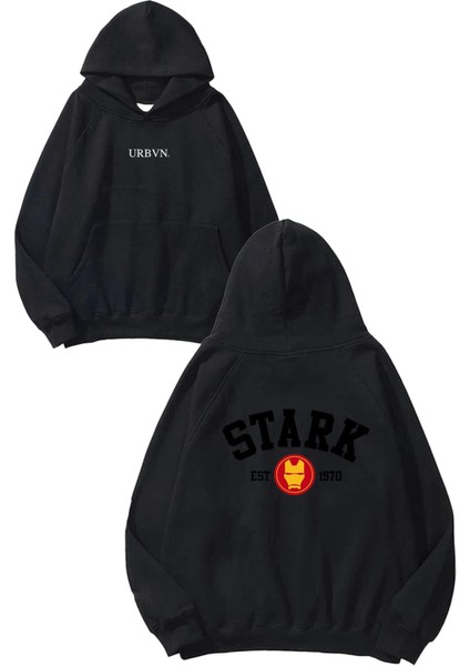 Stark Tasarım Baskılı Oversize Siyah Kapüşonlu Sweatshirt