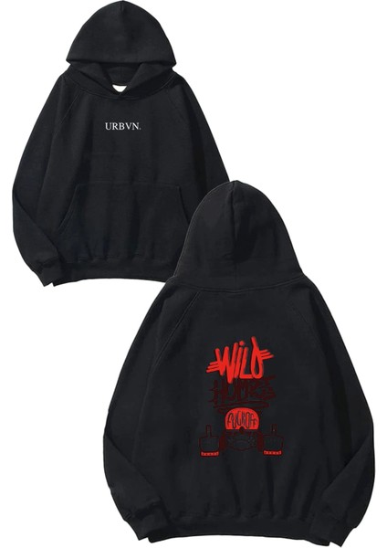Wild Homiez Tasarım Baskılı Oversize Siyah Kapüşonlu Sweatshirt