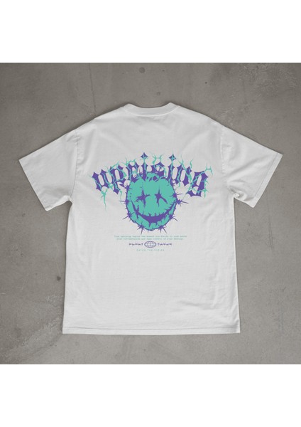 Acid Tasarım Baskılı Beyaz Oversize T-Shirt