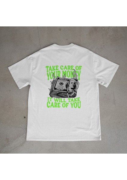 Dolar Tasarım Baskılı Beyaz Oversize T-Shirt