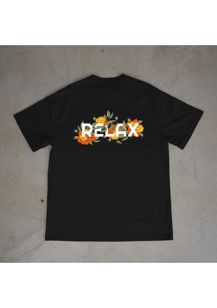 Relax Tasarım Baskılı Siyah Oversize T-Shirt