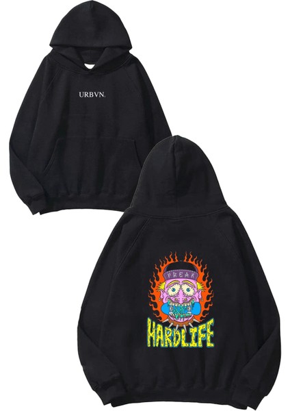 Hardlife Tasarım Baskılı Oversize Siyah Kapüşonlu Sweatshirt