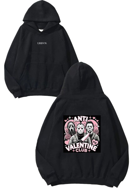 Valentine Tasarım Baskılı Oversize Siyah Kapüşonlu Sweatshirt