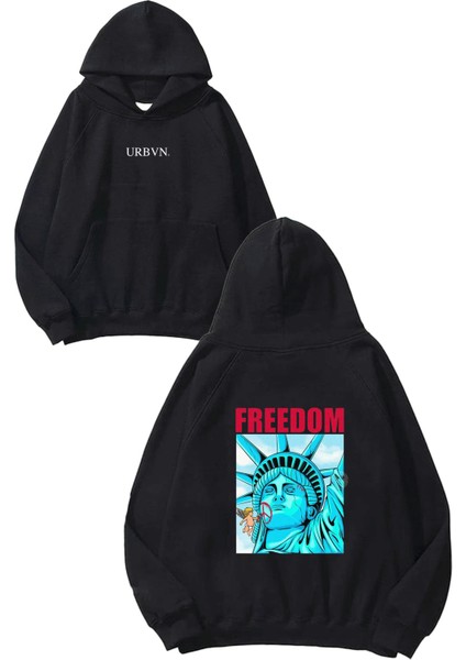 State Of Liberty Tasarım Baskılı Oversize Siyah Kapüşonlu Sweatshirt