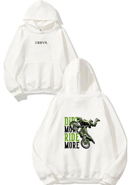 Ride More Tasarım Baskılı Oversize Beyaz Kapüşonlu Sweatshirt