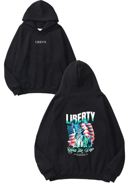 Liberty Tasarım Baskılı Oversize Siyah Kapüşonlu Sweatshirt
