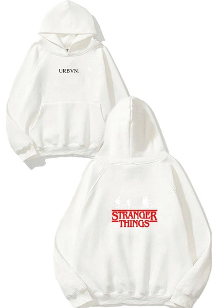Stranger Things Logo Tasarım Baskılı Oversize Beyaz Kapüşonlu Sweatshirt