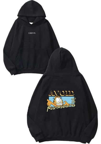 Avoid Tasarım Baskılı Oversize Siyah Kapüşonlu Sweatshirt