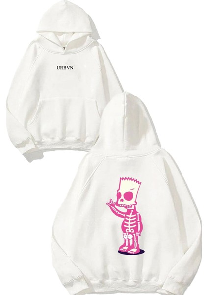 Simpson Skeleton Tasarım Baskılı Oversize Beyaz Kapüşonlu Sweatshirt