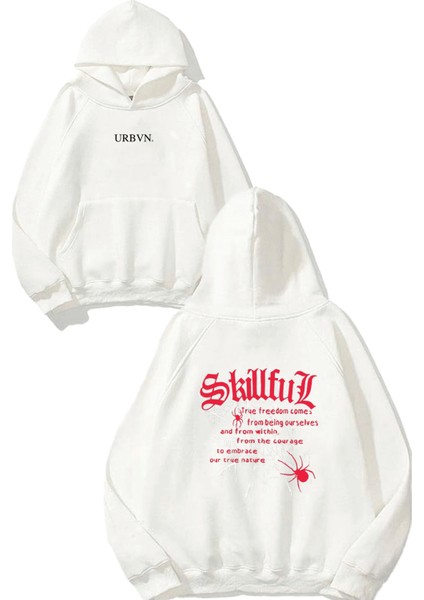 Skillfull Tasarım Baskılı Oversize Beyaz Kapüşonlu Sweatshirt