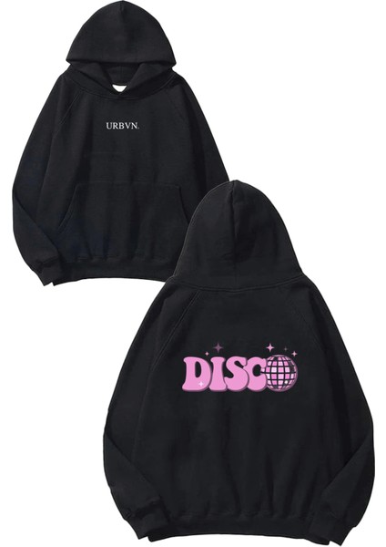 Disco Topu Tasarım Baskılı Oversize Siyah Kapüşonlu Sweatshirt