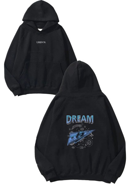 Dream 1 Tasarım Baskılı Oversize Siyah Kapüşonlu Sweatshirt