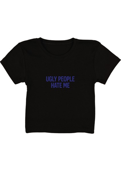 Hate Me Baskılı Siyah Crop Top