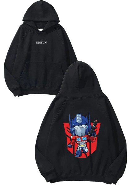 Transformers Tasarım Baskılı Oversize Siyah Kapüşonlu Sweatshirt